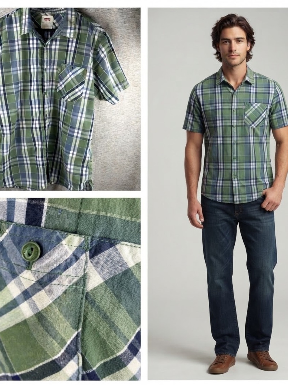 Levi's Mens Plaid Shirt XL Casual Short Sleeve Button Up Green Navy Blue White